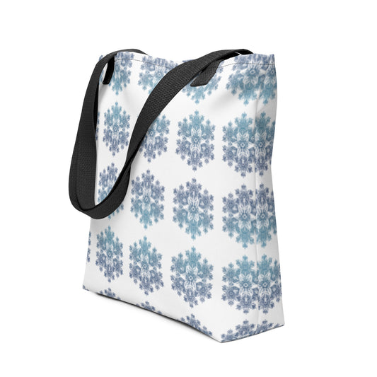 Tote Bag Snowflake Design Blue and White Black Dual Handle 15 in x 15 in