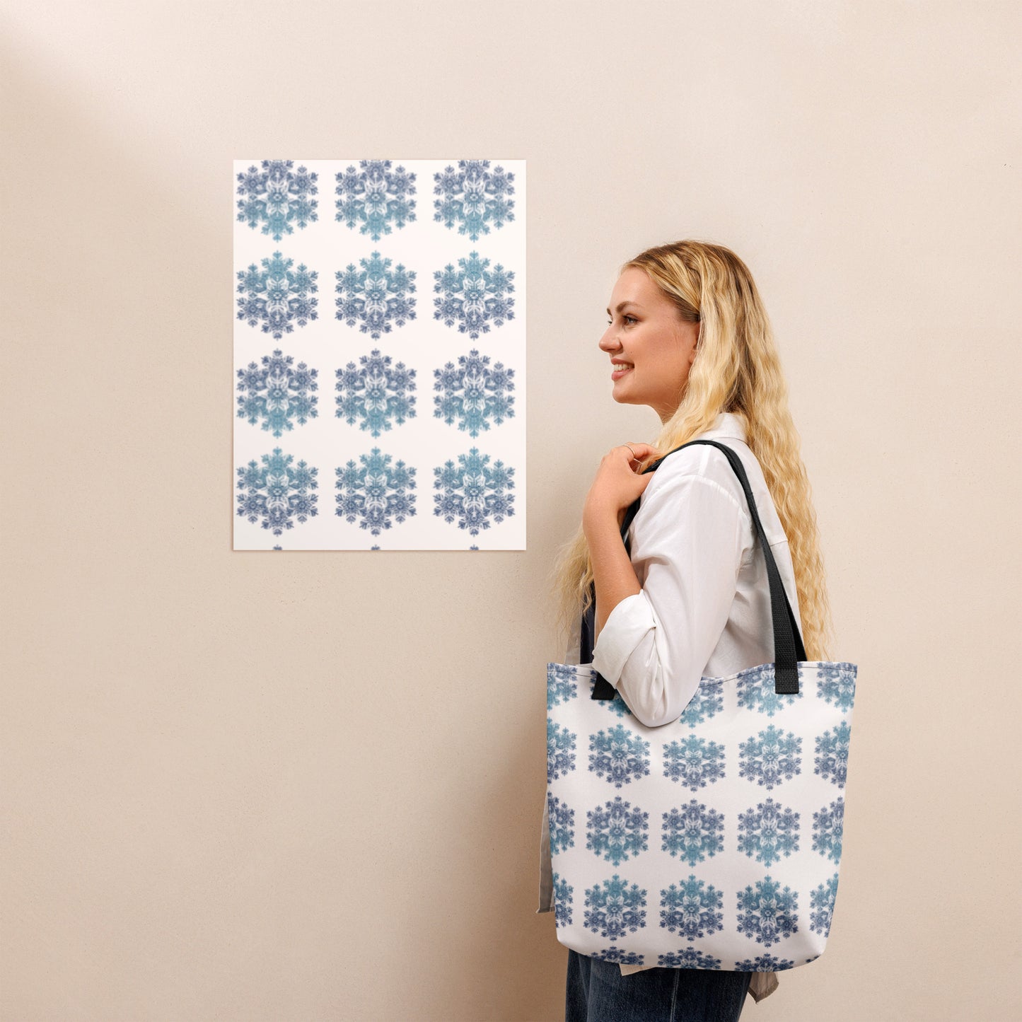 Tote Bag Snowflake Design Blue and White Black Dual Handle 15 in x 15 in