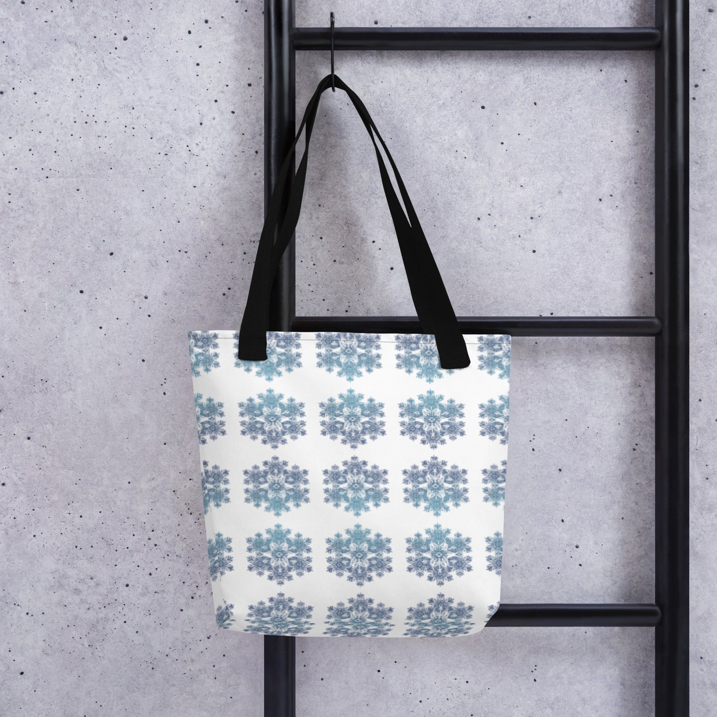 Tote Bag Snowflake Design Blue and White Black Dual Handle 15 in x 15 in