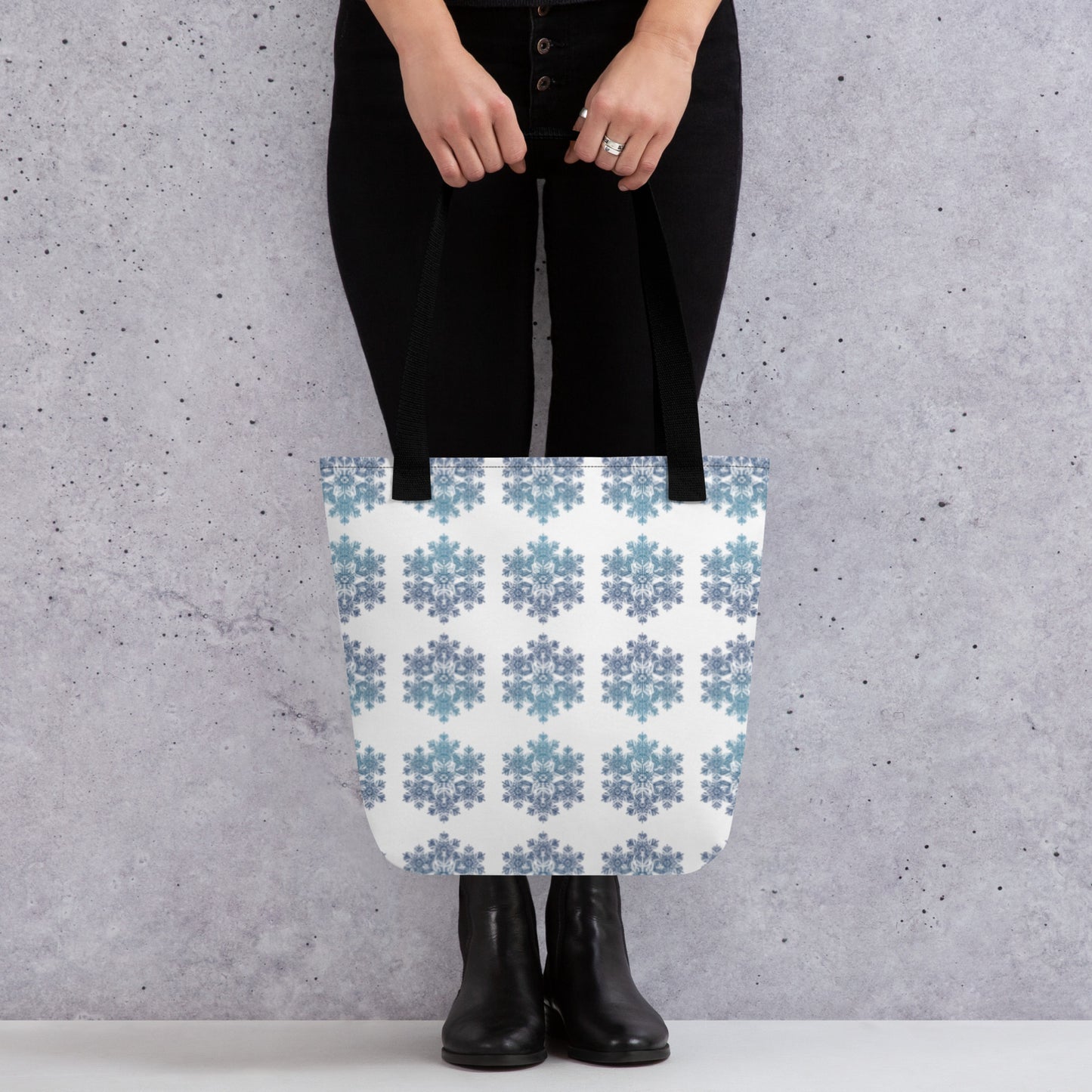 Tote Bag Snowflake Design Blue and White Black Dual Handle 15 in x 15 in