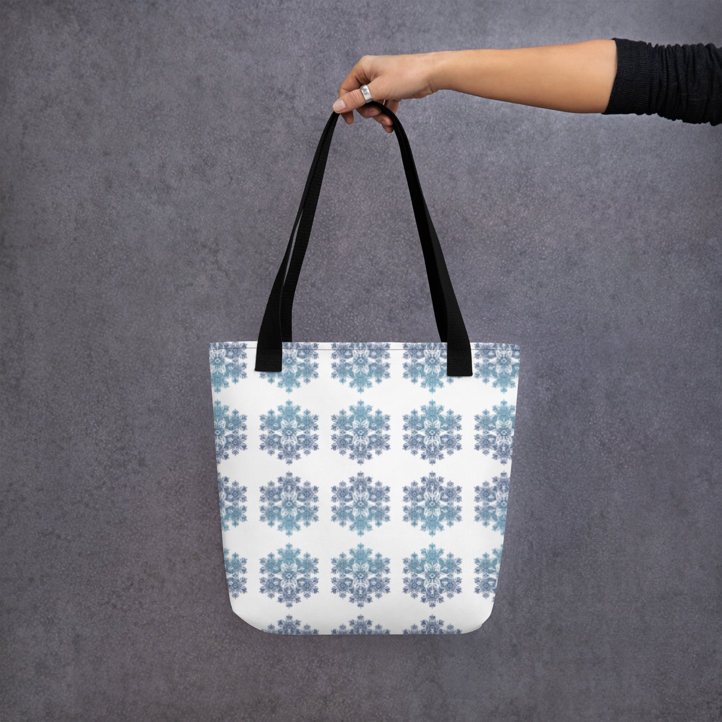 Tote Bag Snowflake Design Blue and White Black Dual Handle 15 in x 15 in