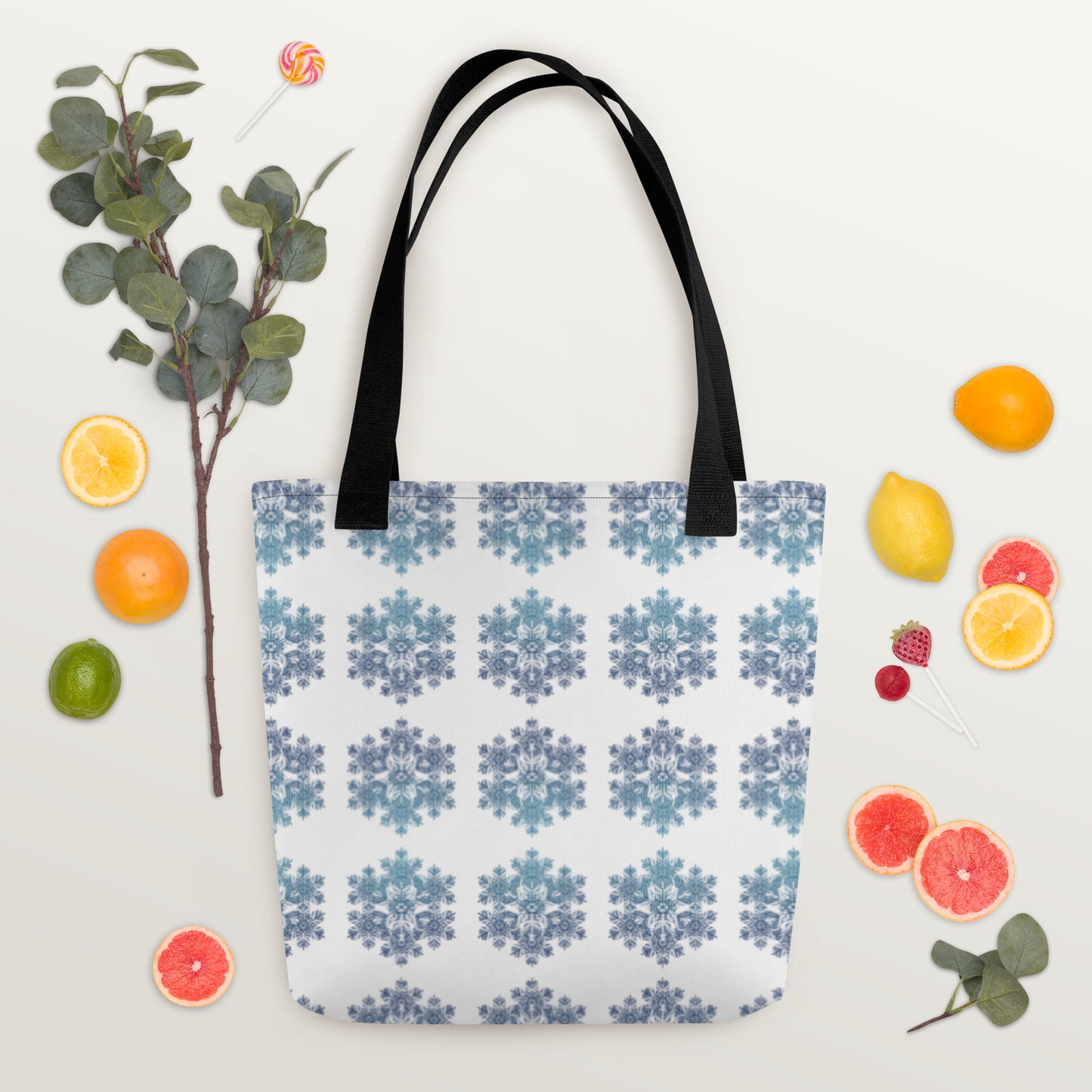 Tote Bag Snowflake Design Blue and White Black Dual Handle 15 in x 15 in