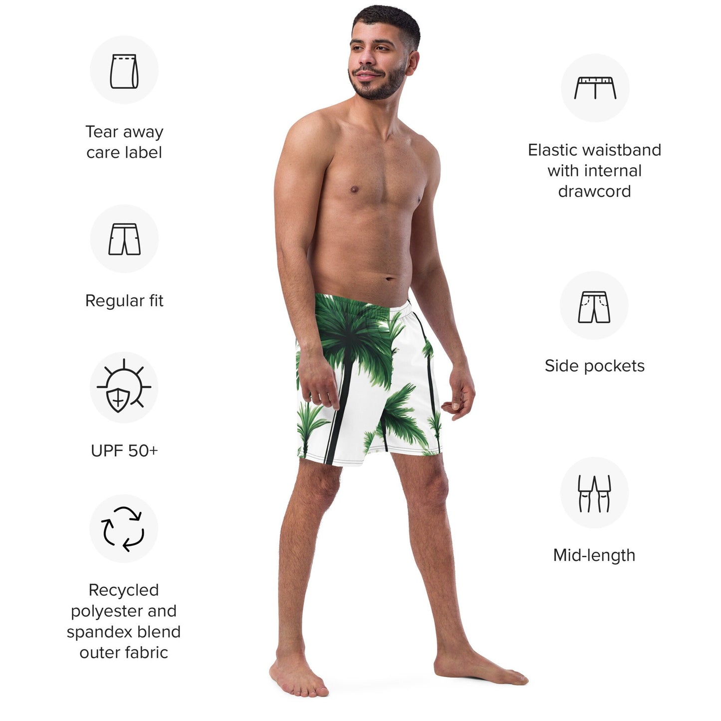 Men&#39;s XS-6XL Swim Trunks Green Palm Tree Silky Inner Liner Drawcord UPF50+