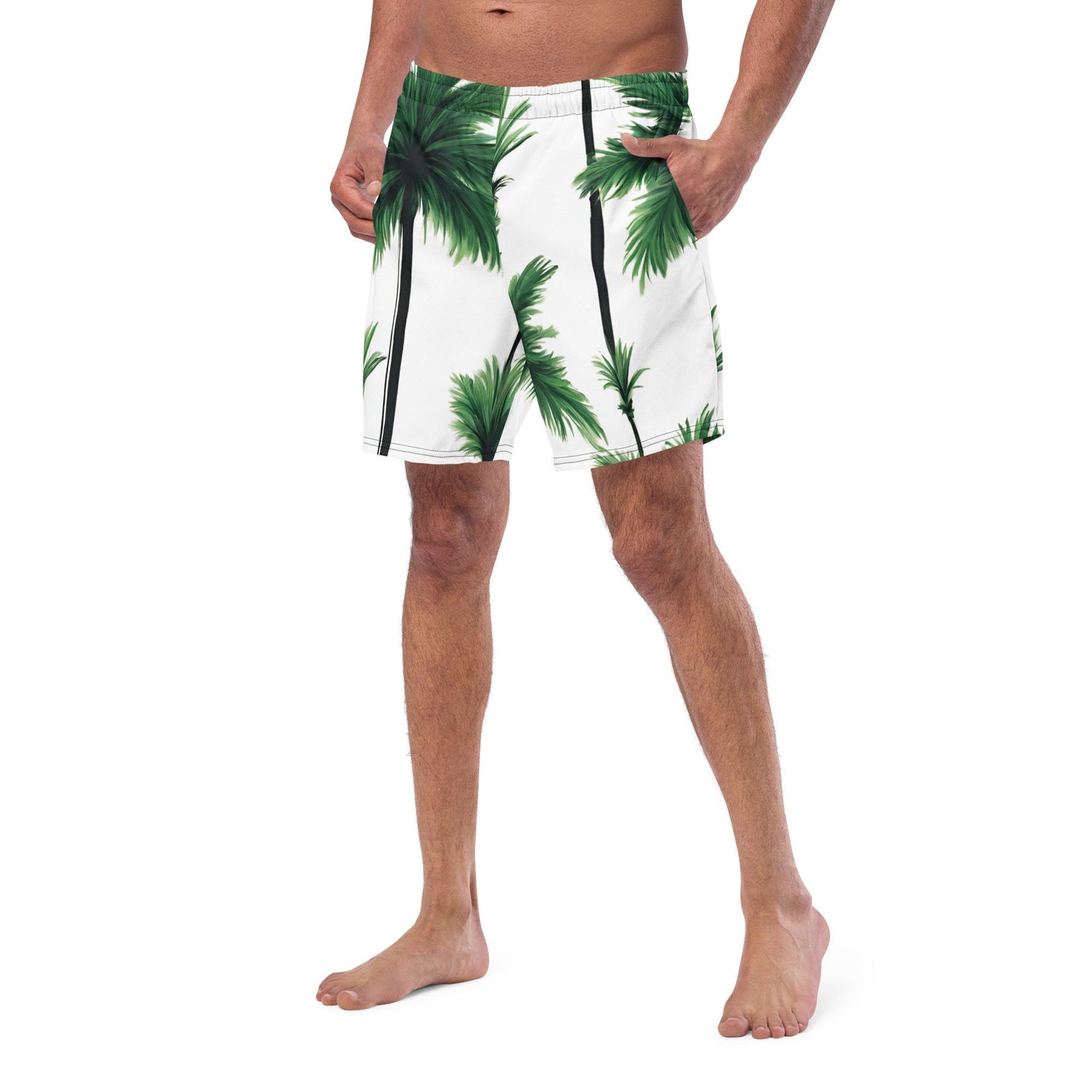 Men&#39;s XS-6XL Swim Trunks Green Palm Tree Silky Inner Liner Drawcord UPF50+