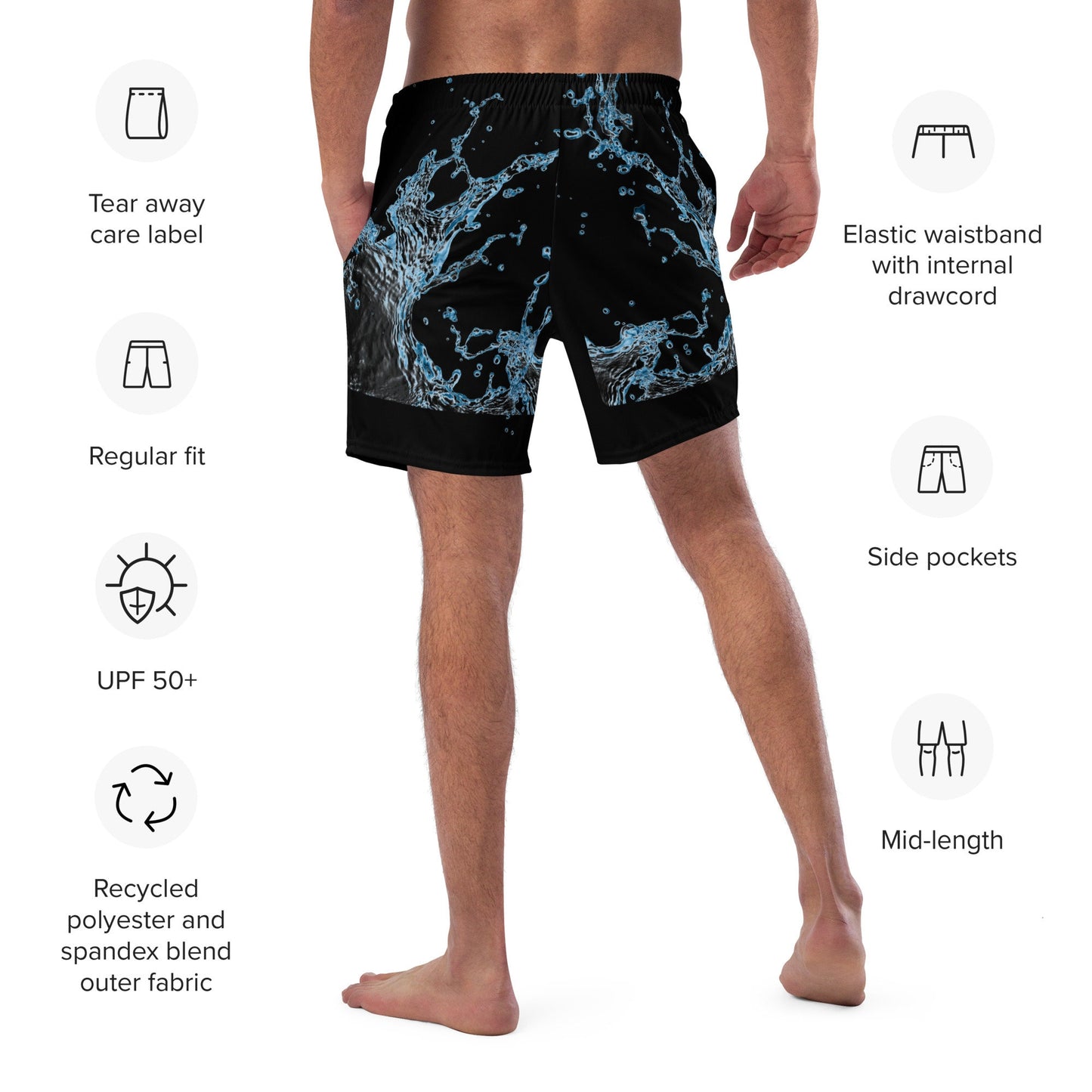 Men&#39;s XS-6XL Swim Trunks Black Swirl Silky Inner Liner Drawcord Pockets