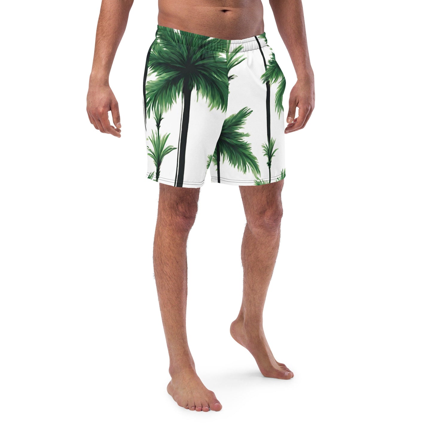 Men&#39;s XS-6XL Swim Trunks Green Palm Tree Silky Inner Liner Drawcord UPF50+