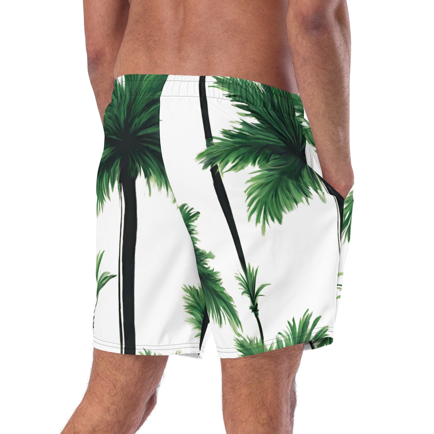 Men&#39;s XS-6XL Swim Trunks Green Palm Tree Silky Inner Liner Drawcord UPF50+