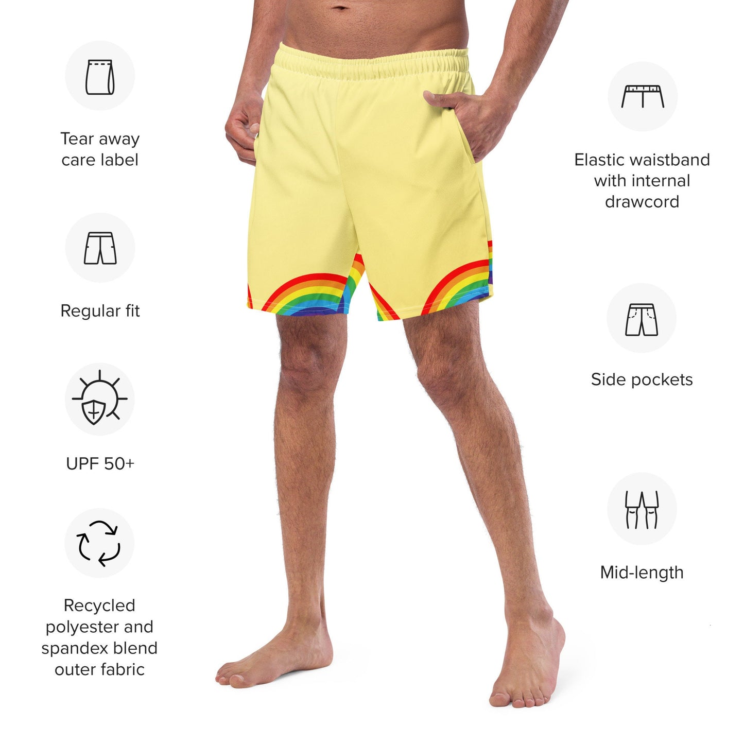 Men&#39;s Swim Trunks Yellow with Rainbows S/6XL Liner Pockets UPF50+