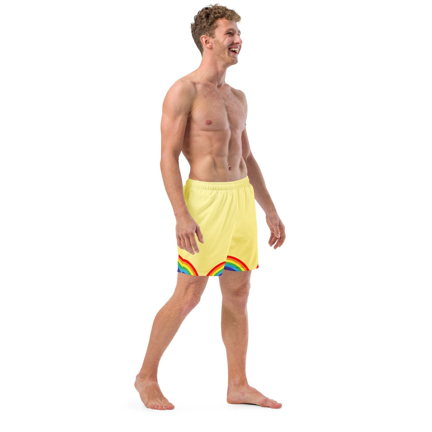 Men&#39;s Swim Trunks Yellow with Rainbows S/6XL Liner Pockets UPF50+