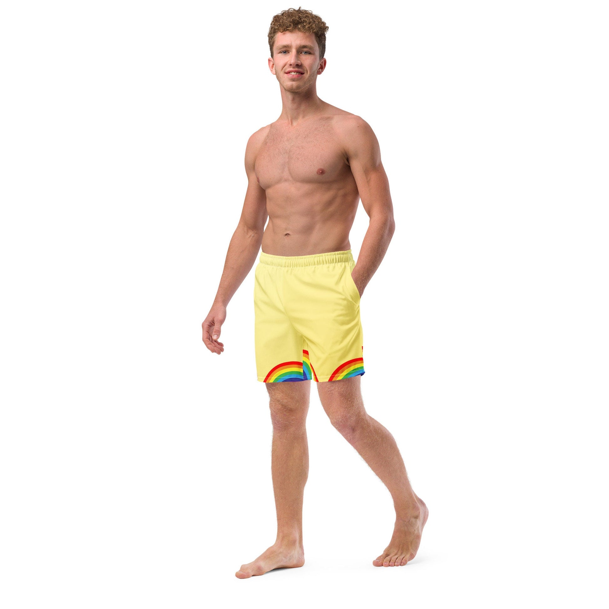 Men&#39;s Swim Trunks Yellow with Rainbows S/6XL Liner Pockets UPF50+