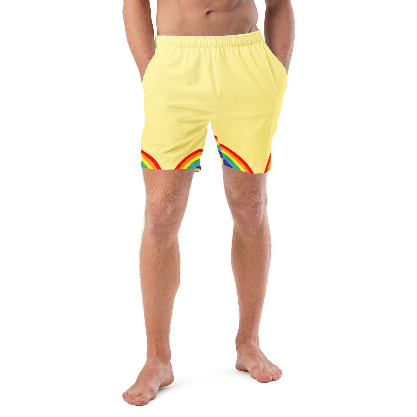 Men&#39;s Swim Trunks Yellow with Rainbows S/6XL Liner Pockets UPF50+