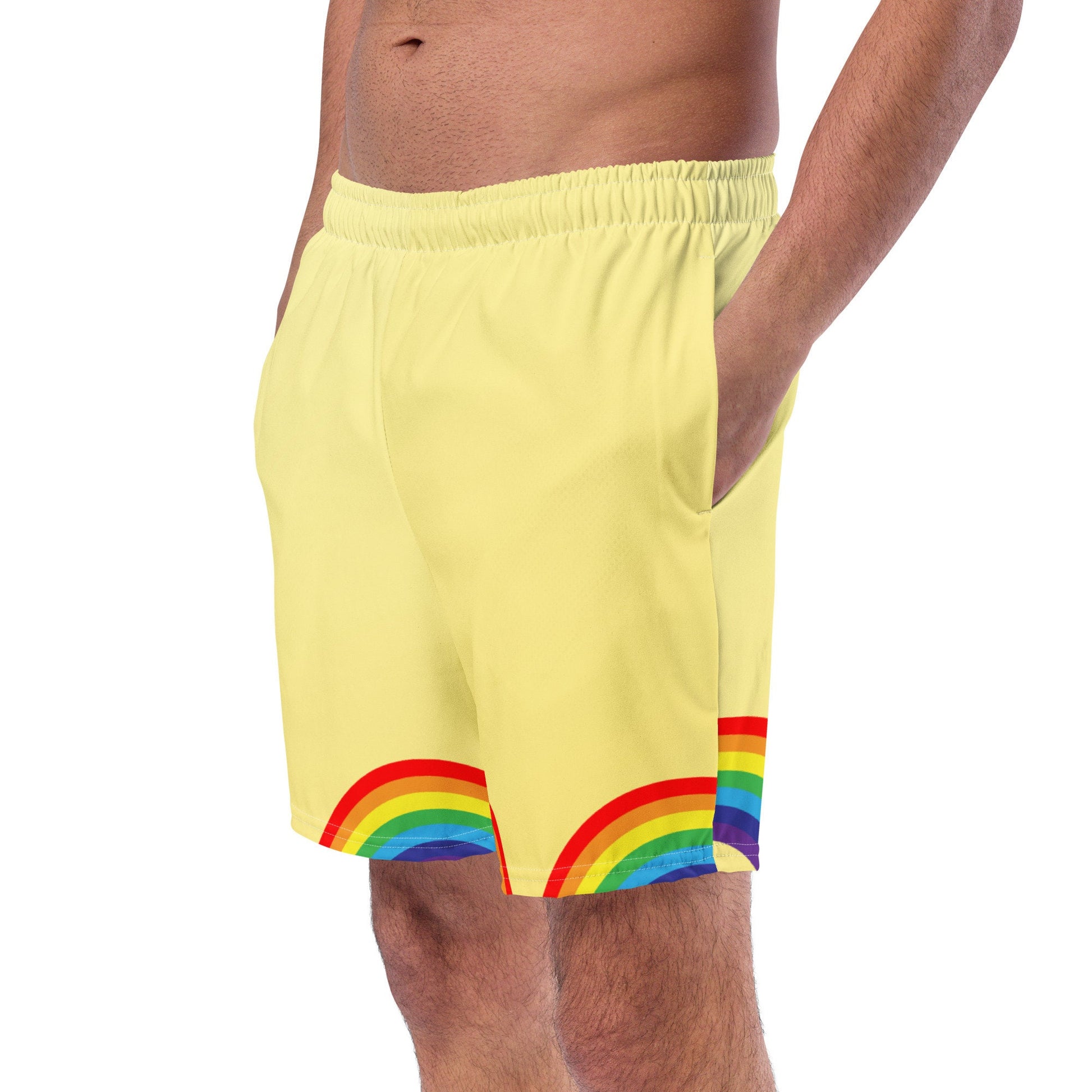 Men&#39;s Swim Trunks Yellow with Rainbows S/6XL Liner Pockets UPF50+