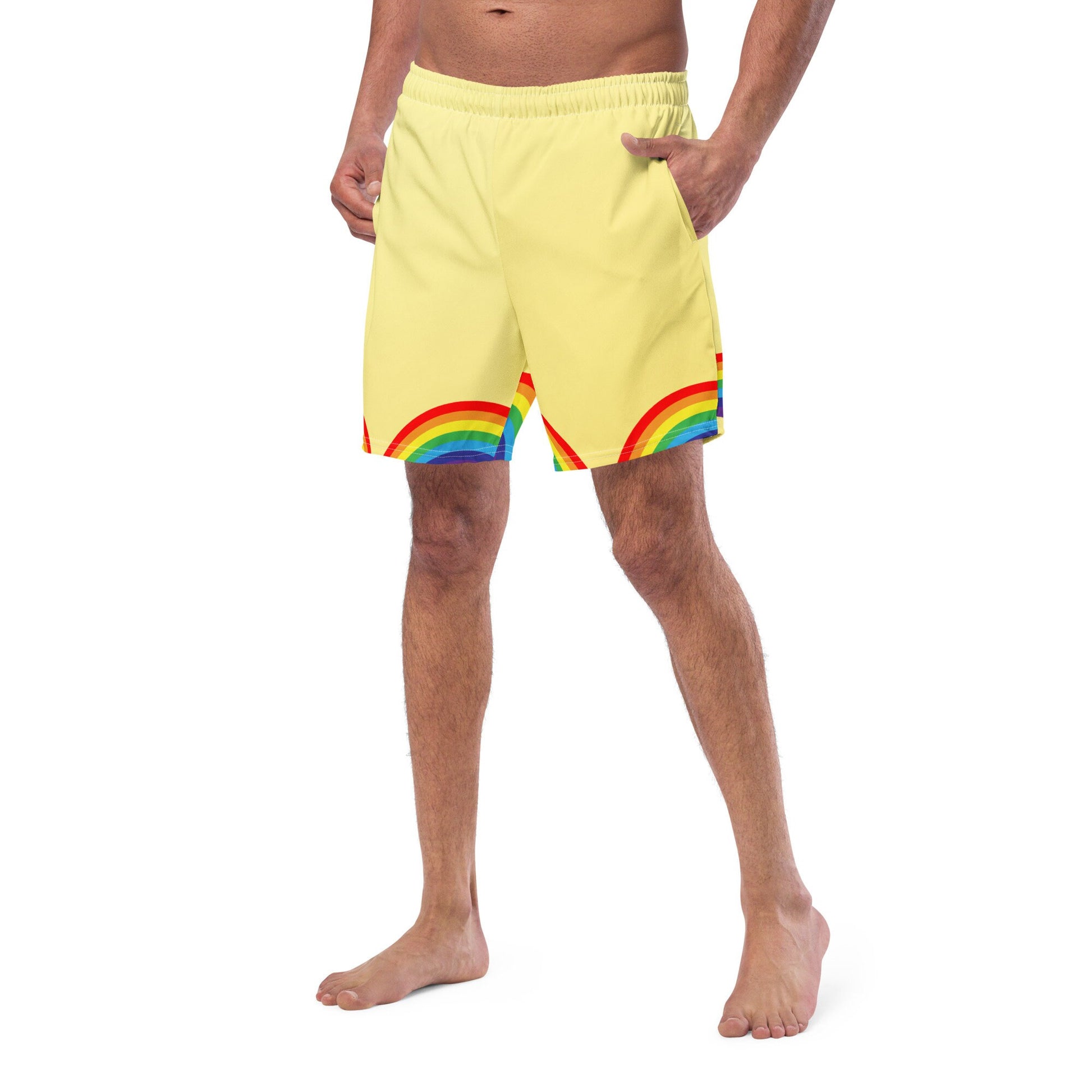 Men&#39;s Swim Trunks Yellow with Rainbows S/6XL Liner Pockets UPF50+